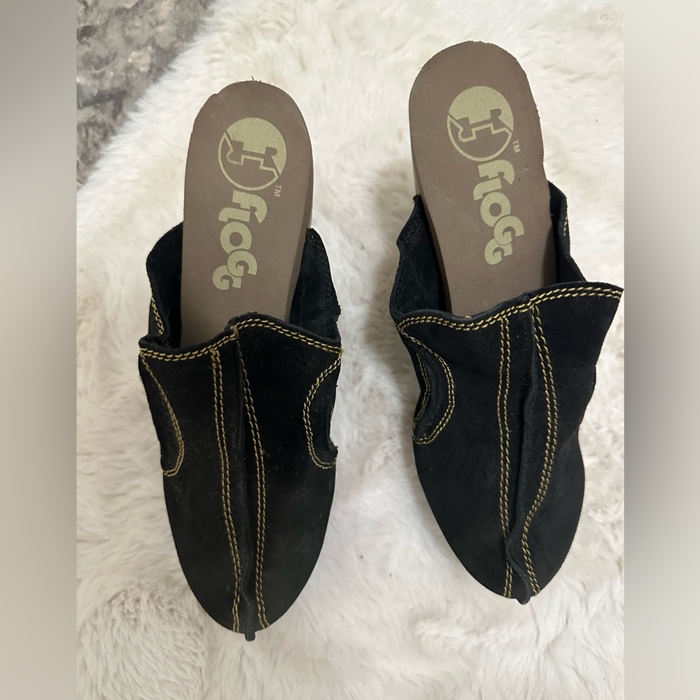 Flogg black suede clogs size 8.5